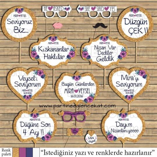 Parıltılı Altın - Mor Konsept Konuşma Balonları Seti