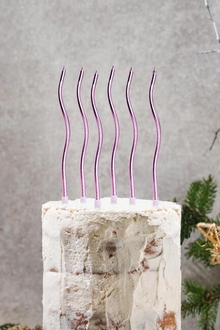 Pasta Mumu Spiral Metalik Lila Renk Mum 6 lı Altın Kıvrık Mum - 1