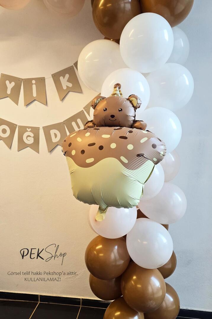 Pasta Üstünde Ayıcık Retro Karamel Folyo Balon - 4