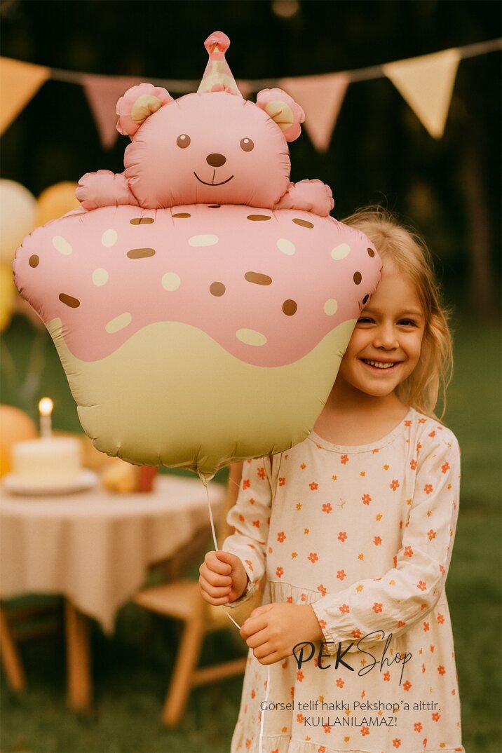 Pasta Üstünde Ayıcık Retro PEMBE Folyo Balon - 1
