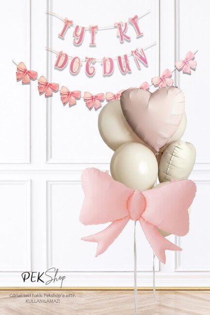 Pastel Pembe Fiyonk Tema Bannerlı Doğum Günü Balon Seti 269 - 1