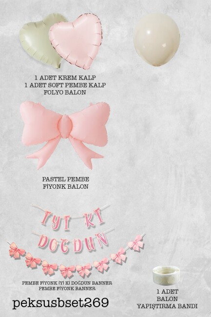 Pastel Pembe Fiyonk Tema Bannerlı Doğum Günü Balon Seti 269 - 2