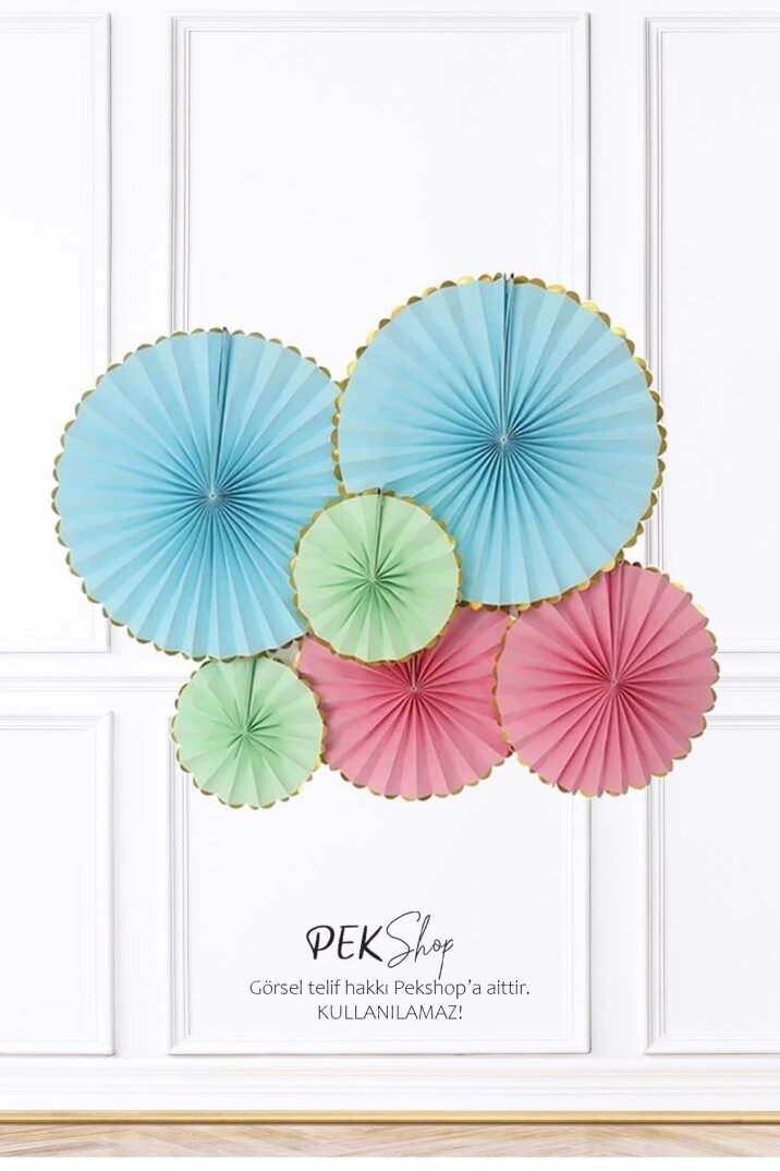Pastel Renkler Gold Varaklı Yelpaze Süs Seti 6lı Fan Duvar Süsü Pastel Renk Gold Varaklı 6lı Arkalı Önlü - 1
