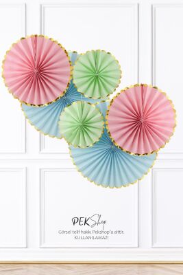 Pastel Renkler Gold Varaklı Yelpaze Süs Seti 6lı Fan Duvar Süsü Pastel Renk Gold Varaklı 6lı Arkalı Önlü - 2