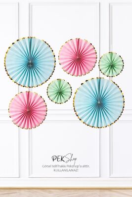 Pastel Renkler Gold Varaklı Yelpaze Süs Seti 6lı Fan Duvar Süsü Pastel Renk Gold Varaklı 6lı Arkalı Önlü - 3