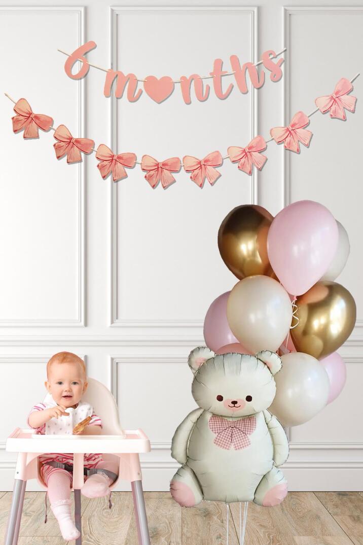 Pembe 6 Aylık Partisi Balon Seti Krem Retro Ayı Fiyonk Bannerlı Yarım Yaş Balon Seti - 1