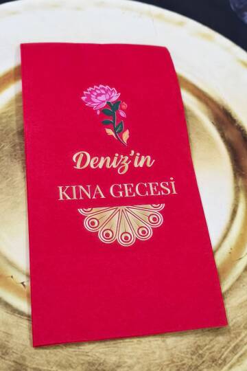 Pembe Çiçek Gold Kına Konsept Baskılı Kırmızı Peçete - 2