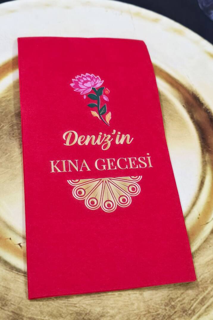 Pembe Çiçek Gold Kına Konsept Baskılı Kırmızı Peçete - 2