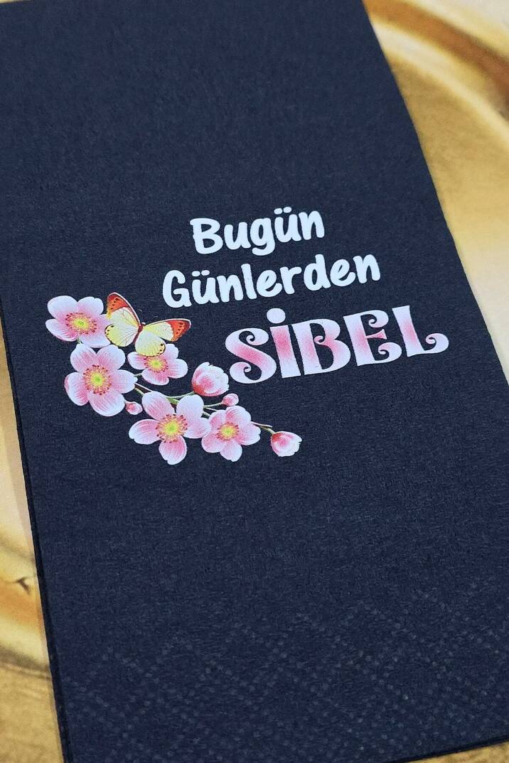 Pembe Çiçekler Konsept Baskılı Siyah Peçete - 1