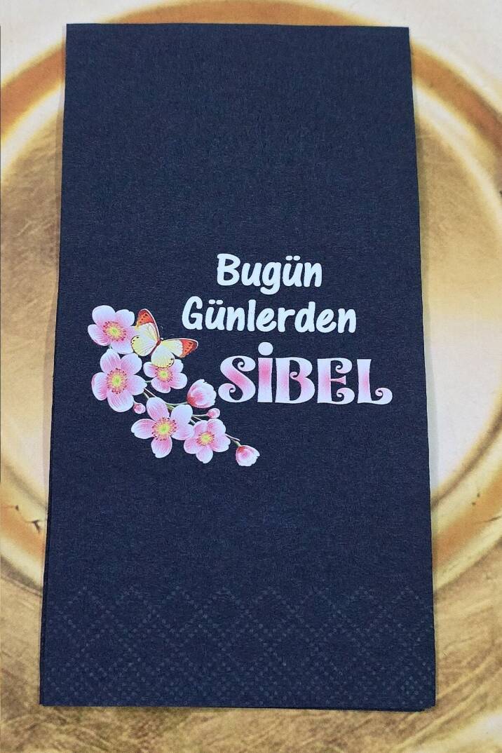 Pembe Çiçekler Konsept Baskılı Siyah Peçete - 2