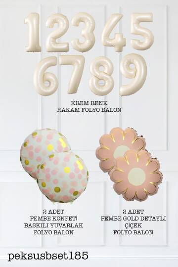 Pembe Çiçekler ve Konfeti Tema Krem Yaş Balonlu Doğum Günü Balon Seti - 2