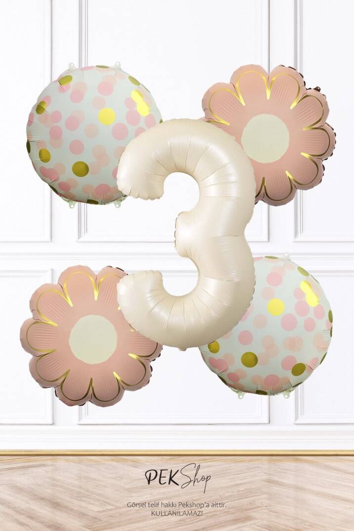 Pembe Çiçekler ve Konfeti Tema Krem Yaş Balonlu Doğum Günü Balon Seti - 4