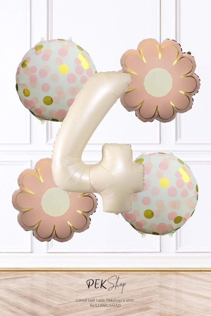 Pembe Çiçekler ve Konfeti Tema Krem Yaş Balonlu Doğum Günü Balon Seti - 5