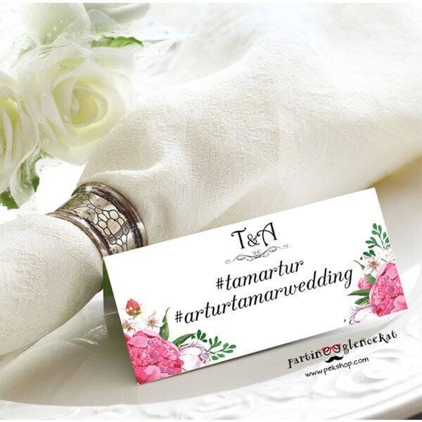 Pembe Çiçekli Konsept Hashtag / Masa Üstü İsim Kartları - 1