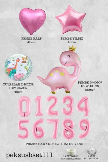 Pembe Dinazor Balonlu Kız Doğum Günü Balon Süsleme Seti Bannerlı Büyük Pembe Yaş Balonlu Dinozor Balon Paketi - 2