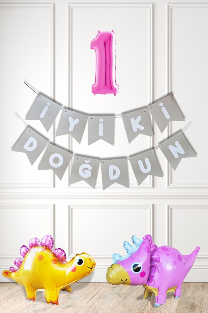 Pembe Dinazor Tema Kız Doğum Günü Balon Süsleme Seti Bannerlı Pembe Yaş Balonlu Dinozor Balon Paketi - 1