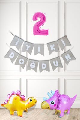 Pembe Dinazor Tema Kız Doğum Günü Balon Süsleme Seti Bannerlı Pembe Yaş Balonlu Dinozor Balon Paketi - 3