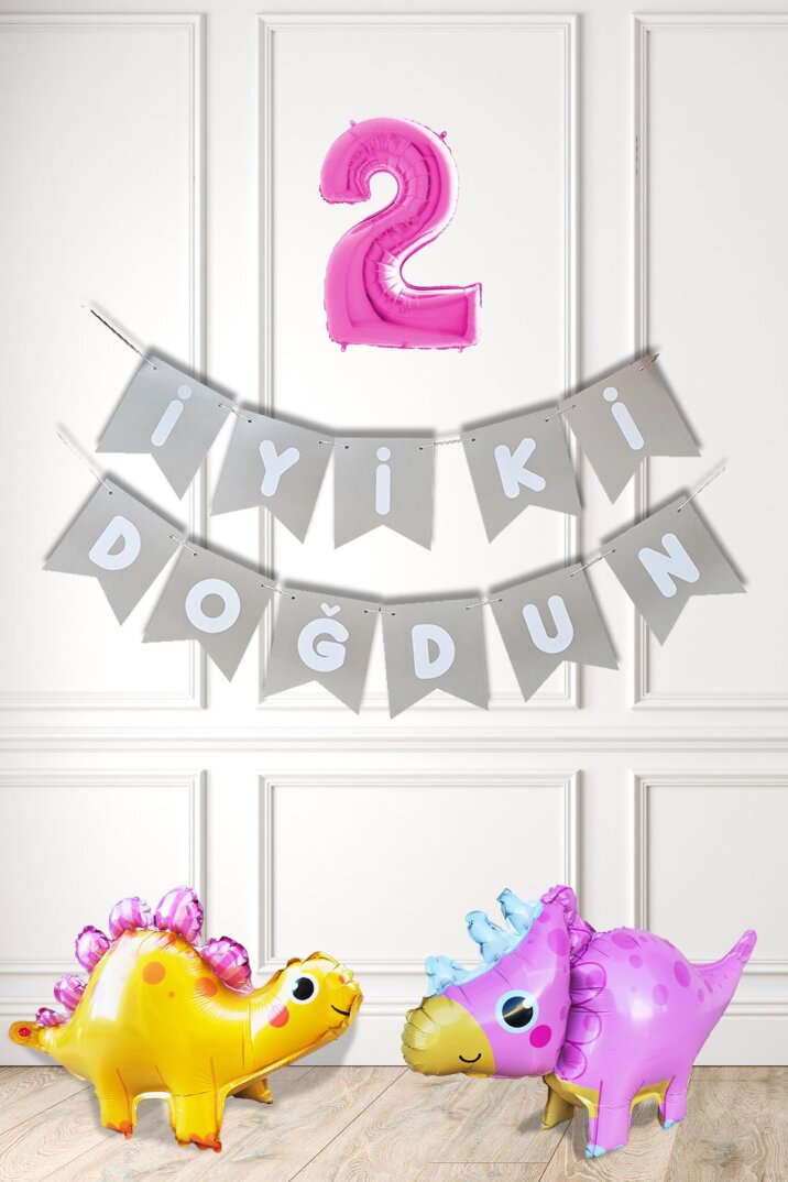 Pembe Dinazor Tema Kız Doğum Günü Balon Süsleme Seti Bannerlı Pembe Yaş Balonlu Dinozor Balon Paketi - 3