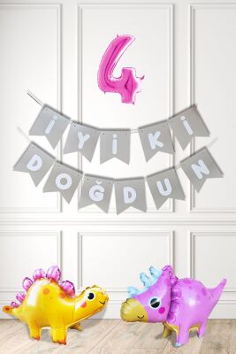 Pembe Dinazor Tema Kız Doğum Günü Balon Süsleme Seti Bannerlı Pembe Yaş Balonlu Dinozor Balon Paketi - 5
