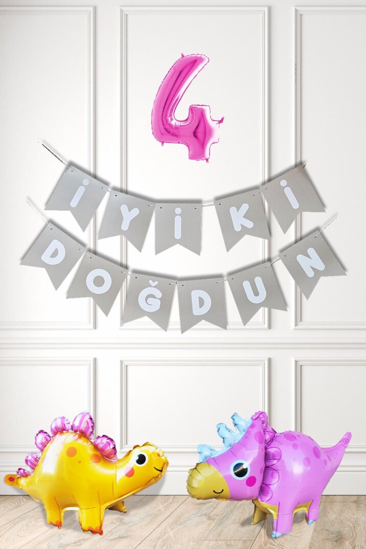 Pembe Dinazor Tema Kız Doğum Günü Balon Süsleme Seti Bannerlı Pembe Yaş Balonlu Dinozor Balon Paketi - 5