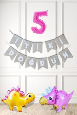 Pembe Dinazor Tema Kız Doğum Günü Balon Süsleme Seti Bannerlı Pembe Yaş Balonlu Dinozor Balon Paketi - 6