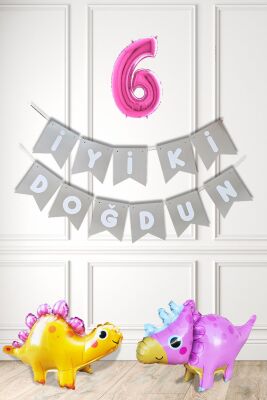 Pembe Dinazor Tema Kız Doğum Günü Balon Süsleme Seti Bannerlı Pembe Yaş Balonlu Dinozor Balon Paketi - 7