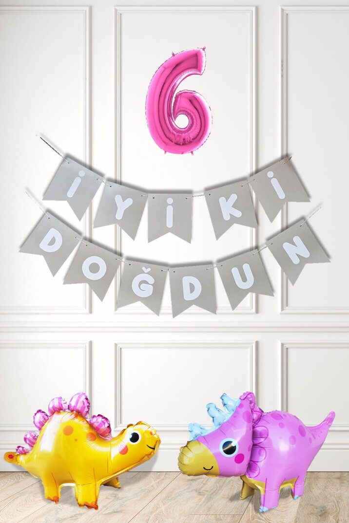 Pembe Dinazor Tema Kız Doğum Günü Balon Süsleme Seti Bannerlı Pembe Yaş Balonlu Dinozor Balon Paketi - 7