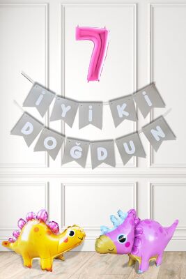 Pembe Dinazor Tema Kız Doğum Günü Balon Süsleme Seti Bannerlı Pembe Yaş Balonlu Dinozor Balon Paketi - 8