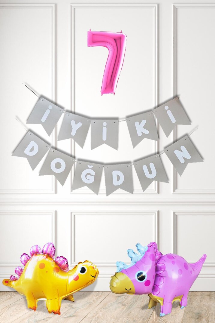 Pembe Dinazor Tema Kız Doğum Günü Balon Süsleme Seti Bannerlı Pembe Yaş Balonlu Dinozor Balon Paketi - 8