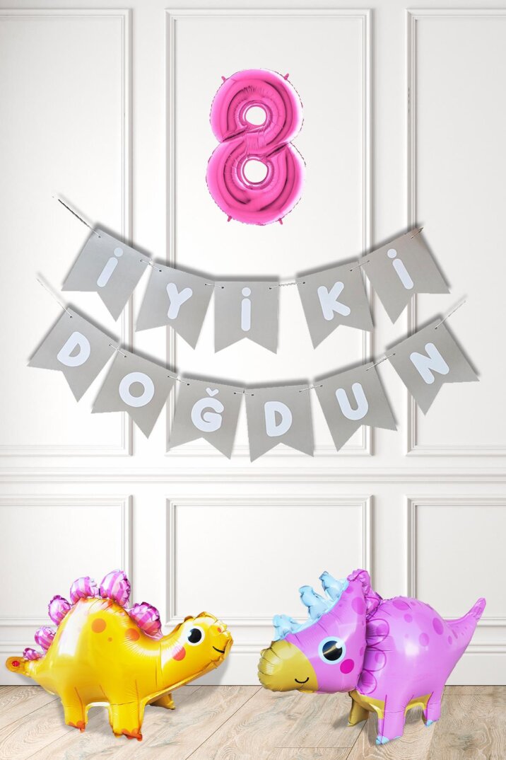 Pembe Dinazor Tema Kız Doğum Günü Balon Süsleme Seti Bannerlı Pembe Yaş Balonlu Dinozor Balon Paketi - 9