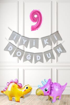 Pembe Dinazor Tema Kız Doğum Günü Balon Süsleme Seti Bannerlı Pembe Yaş Balonlu Dinozor Balon Paketi - 10