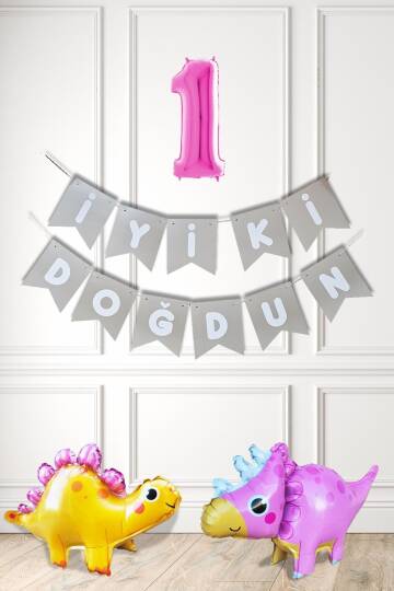 Pembe Dinazor Tema Kız Doğum Günü Balon Süsleme Seti Bannerlı Pembe Yaş Balonlu Dinozor Balon Paketi - 1