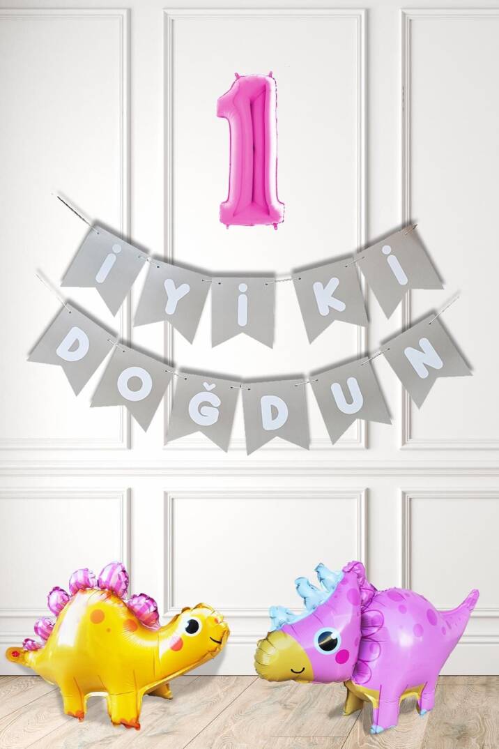 Pembe Dinazor Tema Kız Doğum Günü Balon Süsleme Seti Bannerlı Pembe Yaş Balonlu Dinozor Balon Paketi - 1