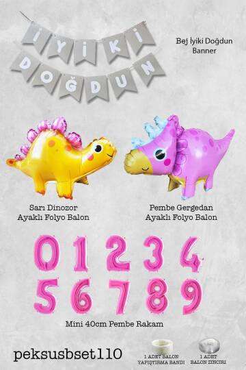 Pembe Dinazor Tema Kız Doğum Günü Balon Süsleme Seti Bannerlı Pembe Yaş Balonlu Dinozor Balon Paketi - 2