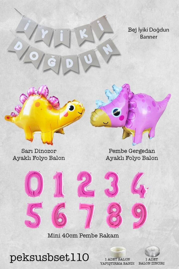 Pembe Dinazor Tema Kız Doğum Günü Balon Süsleme Seti Bannerlı Pembe Yaş Balonlu Dinozor Balon Paketi - 2