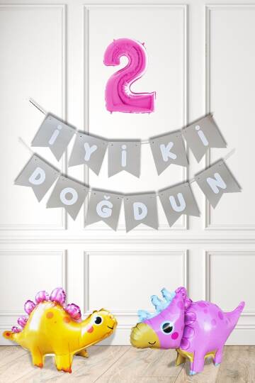 Pembe Dinazor Tema Kız Doğum Günü Balon Süsleme Seti Bannerlı Pembe Yaş Balonlu Dinozor Balon Paketi - 3