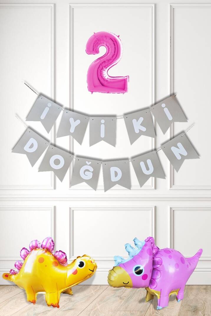 Pembe Dinazor Tema Kız Doğum Günü Balon Süsleme Seti Bannerlı Pembe Yaş Balonlu Dinozor Balon Paketi - 3