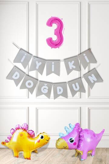 Pembe Dinazor Tema Kız Doğum Günü Balon Süsleme Seti Bannerlı Pembe Yaş Balonlu Dinozor Balon Paketi - 4