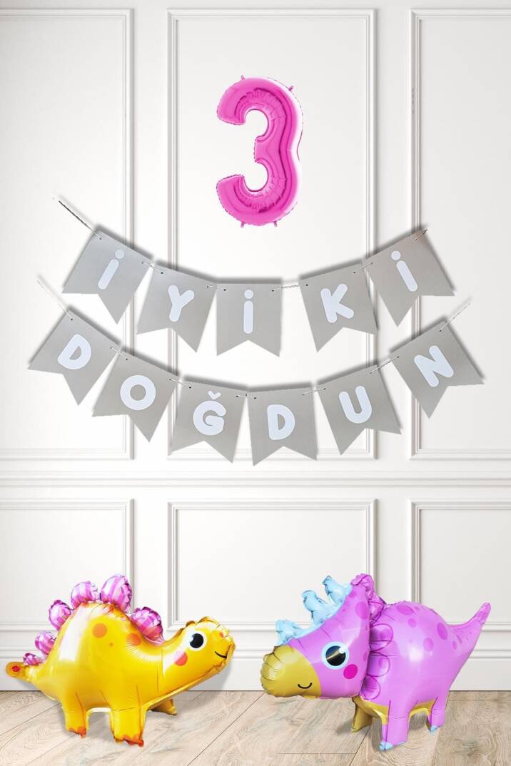 Pembe Dinazor Tema Kız Doğum Günü Balon Süsleme Seti Bannerlı Pembe Yaş Balonlu Dinozor Balon Paketi - 4