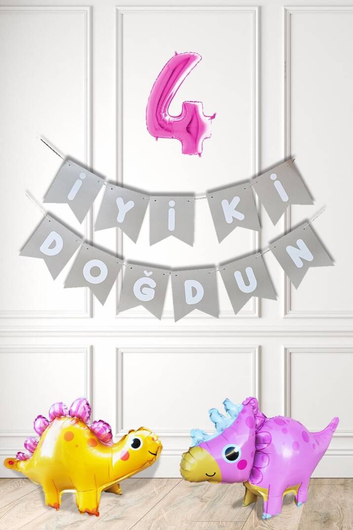 Pembe Dinazor Tema Kız Doğum Günü Balon Süsleme Seti Bannerlı Pembe Yaş Balonlu Dinozor Balon Paketi - 5