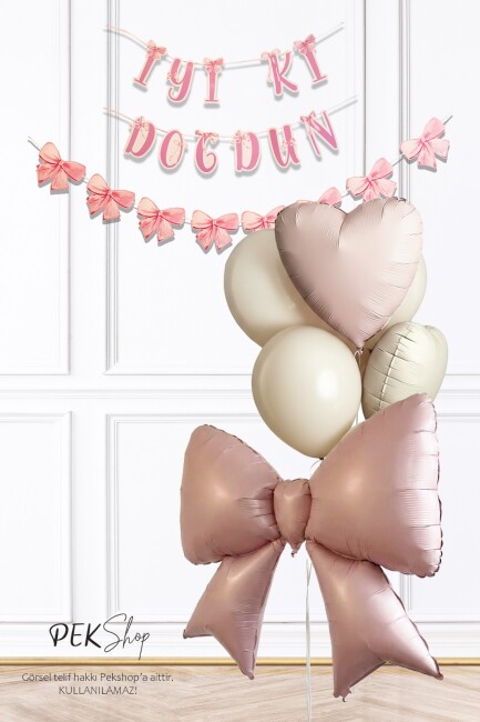 Pembe Fiyonk Balonlu Bannerlı Doğum Günü Balon Seti - 1
