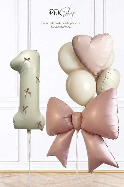 Pembe Fiyonk Kurdele Süslü Yaş Balonlu Fiyonk Tema Doğum Günü Balon Seti - 1