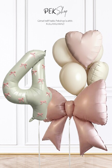 Pembe Fiyonk Kurdele Süslü Yaş Balonlu Fiyonk Tema Doğum Günü Balon Seti - 13