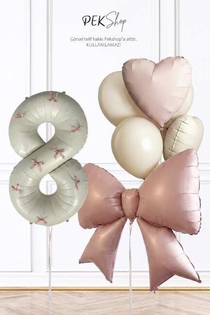 Pembe Fiyonk Kurdele Süslü Yaş Balonlu Fiyonk Tema Doğum Günü Balon Seti - 29