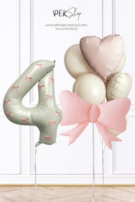 Pembe Fiyonk Kurdele Süslü Yaş Balonlu Fiyonk Tema Doğum Günü Balon Seti - 13