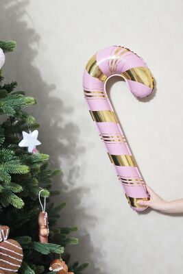 Pembe Gold Baston Şeker Folyo Balon Gold Detaylı Baston Şeker Yılbaşı Balonu 73x36cm - 1