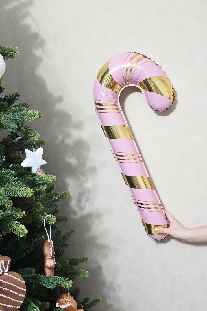Pembe Gold Baston Şeker Folyo Balon Gold Detaylı Baston Şeker Yılbaşı Balonu 73x36cm - 1