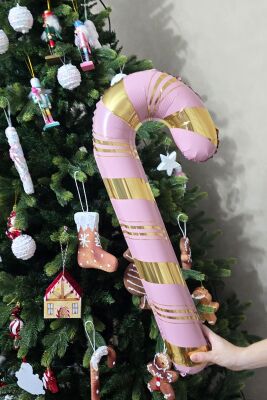 Pembe Gold Baston Şeker Folyo Balon Gold Detaylı Baston Şeker Yılbaşı Balonu 73x36cm - 2