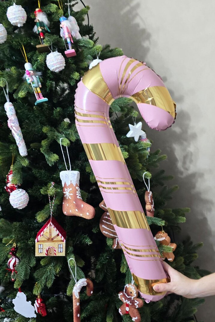 Pembe Gold Baston Şeker Folyo Balon Gold Detaylı Baston Şeker Yılbaşı Balonu 73x36cm - 2