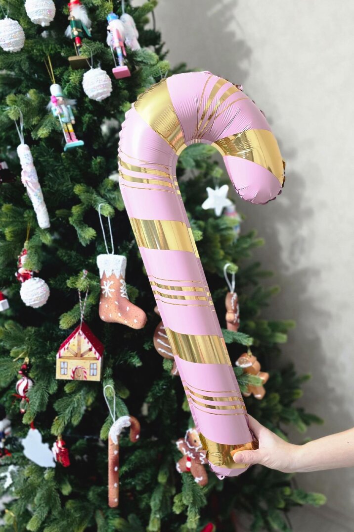 Pembe Gold Baston Şeker Folyo Balon Gold Detaylı Baston Şeker Yılbaşı Balonu 73x36cm - 3